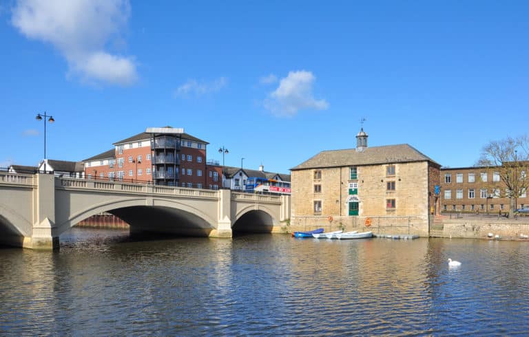 Old Customs House beside Town Bridge on the River Nene, Peterborough, Cambridgeshire, England, UK